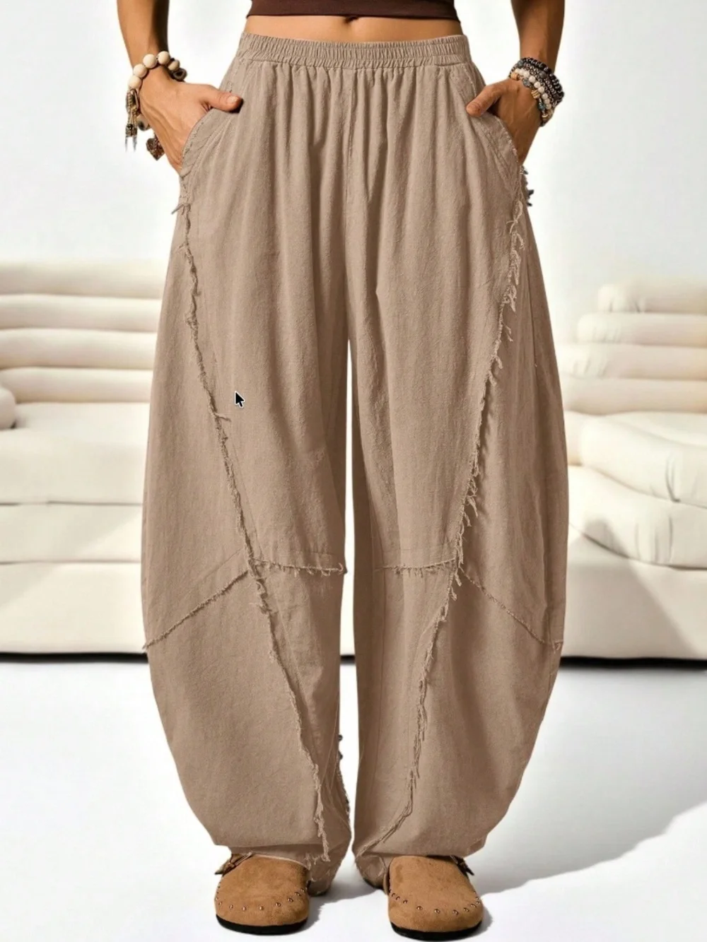 Solid Stretchy Waist Pockets Frayed Detail Harem Genie Pants - Picture 5 of 5